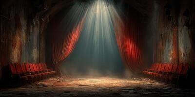 Abandoned theater with red curtains and dim lighting evokes a sense of nostalgia and mystery photo