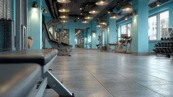 Modern fitness center with teal walls and sleek equipment designed for effective workouts and training sessions photo