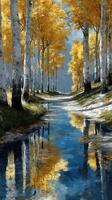 Autumn landscape with vibrant yellow trees reflecting in a calm river at midday photo