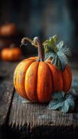 Bright orange pumpkin with green leaves on rustic wooden table captures the essence of autumn harvest mood photo