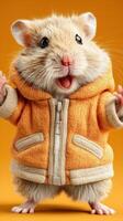 Cute hamster wearing an orange hoodie with a joyful expression on a bright orange background photo