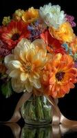 Vibrant bouquet of fresh flowers in a glass vase with elegant ribbon on a dark background photo