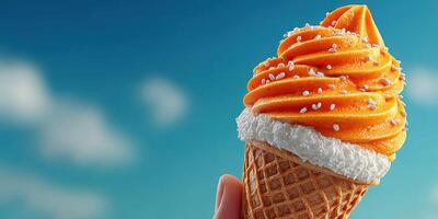 Bright orange ice cream swirl in a cone under a clear blue sky on a sunny day photo