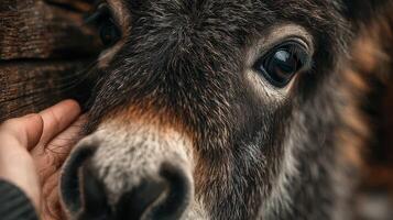 Gentle interaction with a donkey at a rustic farm during late afternoon sunlight in a serene countryside setting photo