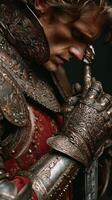 Intricate armor details displayed by a thoughtful knight in a close-up during a quiet moment of reflection photo