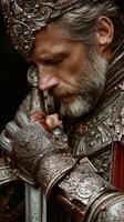 Noble warrior in ornate armor quietly reflecting in a solemn moment of determination during an evening ceremony photo