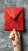 Bright red envelope being held against a textured grey wall in a creative setting photo