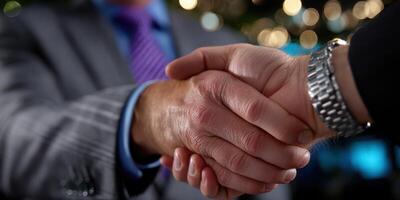 Business professionals exchanging a handshake in an indoor setting during an evening networking event to signify agreement and collaboration photo