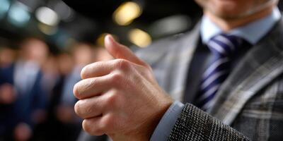 Business professional demonstrating confidence with a thumbs-up gesture at a corporate event photo