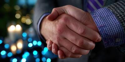 Hands shaking during a formal greeting at an event with festive decorations in the background photo