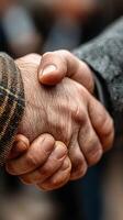 Handshake between two individuals conveying agreement and camaraderie in a busy public setting photo