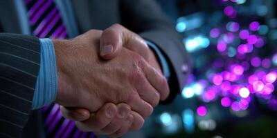 Business professionals shaking hands in a city environment with sparkling lights during an evening meeting photo