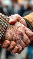 Hands shaking in a moment of agreement on a busy street during a community gathering photo
