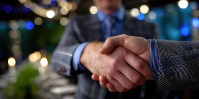 Business professionals engage in a firm handshake at a formal event in an elegant venue, showcasing a moment of agreement and collaboration photo