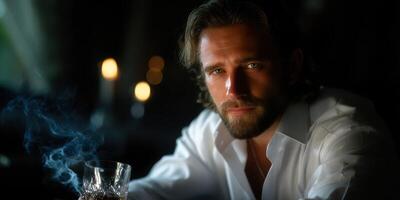 Man with a beard enjoying a drink in a dimly lit setting with candles in the background during the evening hours photo
