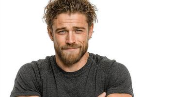 Smiling man with tousled hair dressed in a dark shirt poses confidently against a plain background photo