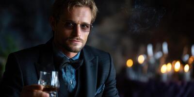 Elegant man in formal attire enjoys a drink at an upscale gathering in a dimly lit venue during the evening photo