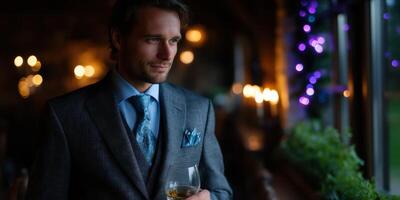 Elegant man in a suit enjoying a drink at a cozy venue with atmospheric lighting during the evening photo