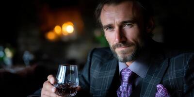 Stylish man enjoying drink in upscale lounge during evening gathering with warm ambiance photo