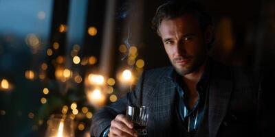 Glamorous evening in a luxurious setting with a man enjoying a drink and reflecting on life photo