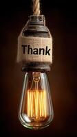 Decorative hanging light bulb with a burlap thank you label against a dark background photo