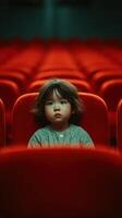 Child watches movie alone in empty theater with red seats during afternoon showing photo