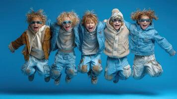 Children having fun while jumping in matching denim outfits against a bright blue background photo