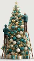 Christmas tree decoration with teal and gold ornaments in a bright indoor setting during festive season photo