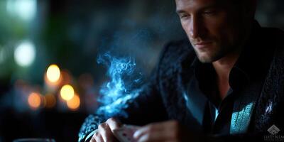 Man focused on playing cards in a dimly lit lounge with smoke swirling in the air during an evening gathering photo