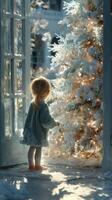 Child admires decorated Christmas tree through open doors during winter afternoon photo