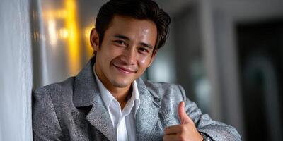 Smiling man wearing a gray jacket gives thumbs up in a modern indoor setting photo