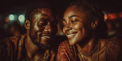 Couple enjoying a joyful moment under lights at a nighttime gathering by the waterfront photo