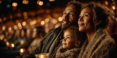 Family enjoying a cozy evening at a candlelight event under the stars in a tranquil outdoor setting photo