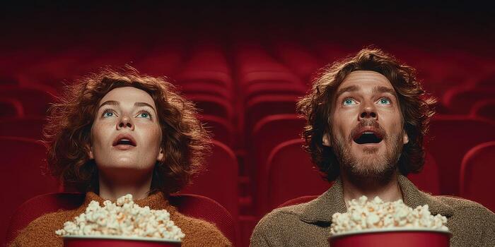 Couple enjoys a captivating movie experience in a cozy theater filled with popcorn and excitement photo