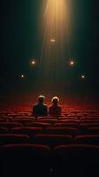Couple enjoys an intimate moment in a dimly lit theater with red seats and a spotlight above photo