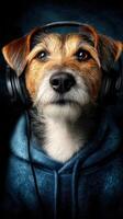 Dog wearing headphones and a hoodie in a stylish, artistic setting, enjoying music and expressing emotions photo