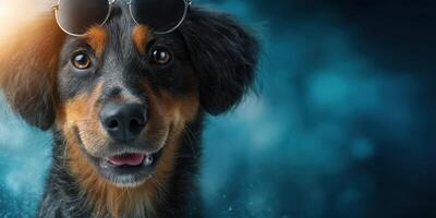 Happy dog wearing sunglasses poses against a colorful background in a playful and cheerful atmosphere photo