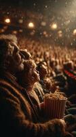 Enjoying a magical movie experience together in a crowded theater filled with warmth and excitement photo