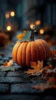 Vibrant pumpkin on wet cobblestone surrounded by autumn leaves and soft evening lights photo