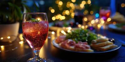 Sparkling drink in a glass with festive food and soft lighting during an evening gathering photo