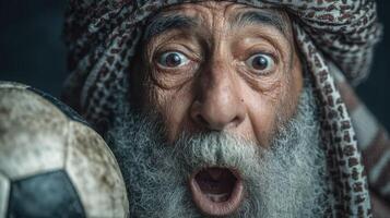Elderly man expresses joy after a surprising moment in a football match at a local venue during the evening time photo