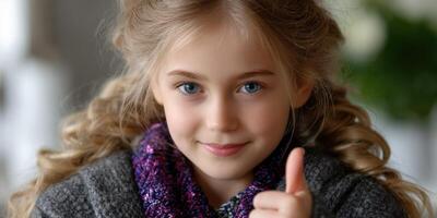 Happy child giving a thumbs up while smiling in a cozy indoor setting during winter photo