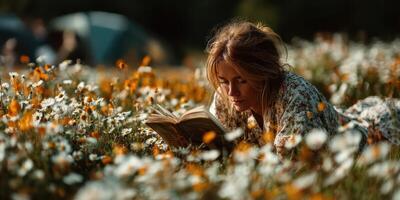 Young woman enjoys reading a book while lying in a flower field during a sunny afternoon photo