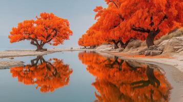Vibrant orange trees reflecting in tranquil water under a serene sky at autumn dusk photo