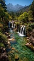 Majestic waterfalls cascade through a lush forest in a serene mountain landscape under a clear blue sky photo