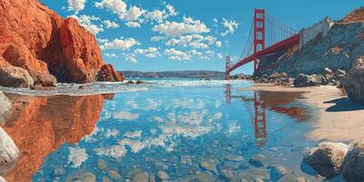 Reflection of Golden Gate Bridge over calm waters at a beach on a sunny day photo