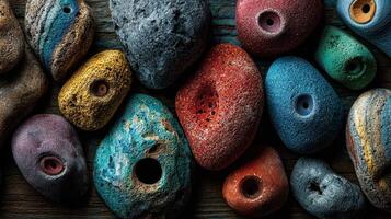Colorful climbing holds arranged neatly on a wooden surface ready for a climbing wall setup photo
