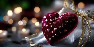 Heart-shaped decoration on a silver surface with softly glowing candles in the background, perfect for romantic occasions photo