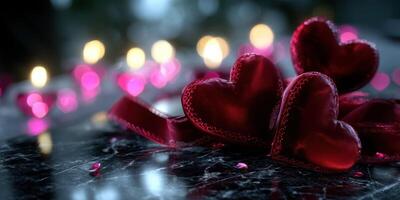 Decorative red hearts with soft lighting create a romantic atmosphere for an evening celebration photo