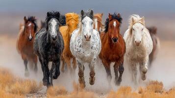 Wild horses run freely across a dusty plain during sunset near a wide open desert landscape photo